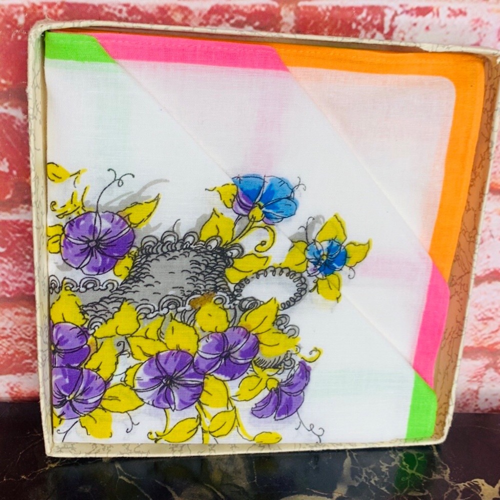 Vintage MCM Bright Colorful Floral Three Piece Handkerchief Set